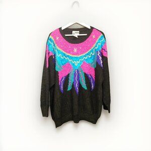 Distinctly Different Vtg Multicolor Beaded Sparkle Knit Sweater, Size 44, 1980s